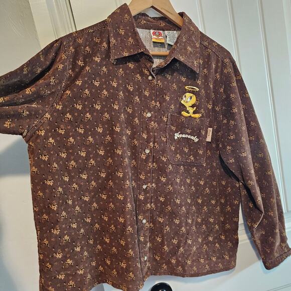 Vtg Looney Toons Tweety Bird Corduroy Blouse Womens 14W/16W Brown Floral 90s - Picture 5 of 9